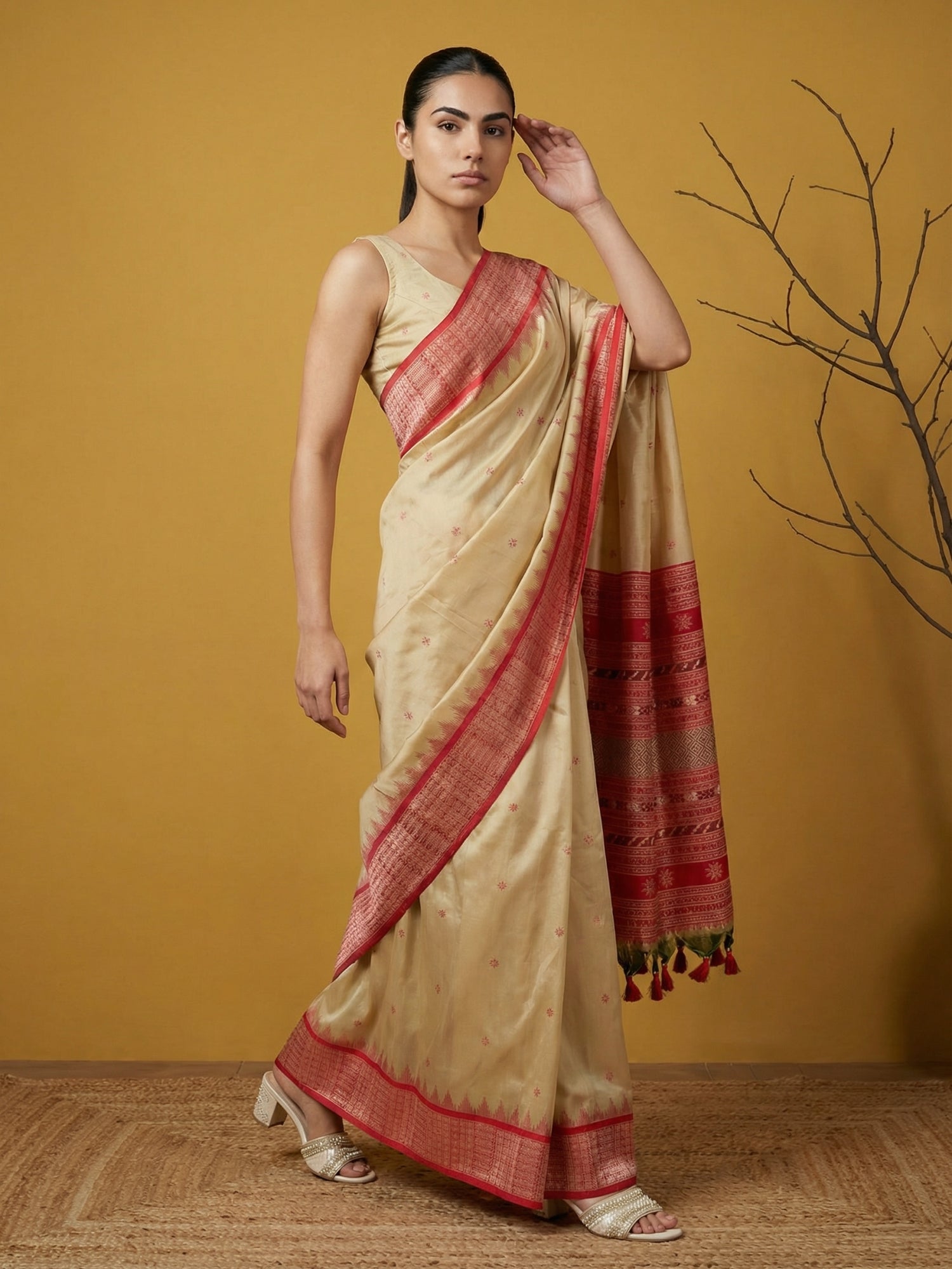 Cream &amp; Red Soft Handloom with detailed Motifs Silk Saree