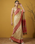 Cream & Red Soft Handloom with detailed Motifs Silk Saree