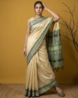 Cream & Green Soft Handloom with detailed Motifs Silk Saree