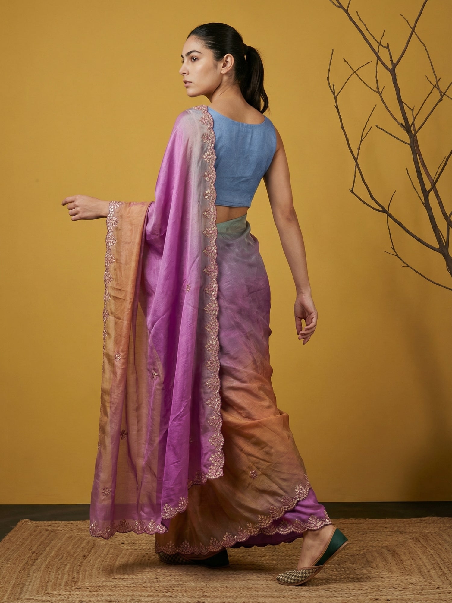 Magenta &amp; Yellow Soft Fendy Satin with Gotapatti Work Padding Saree