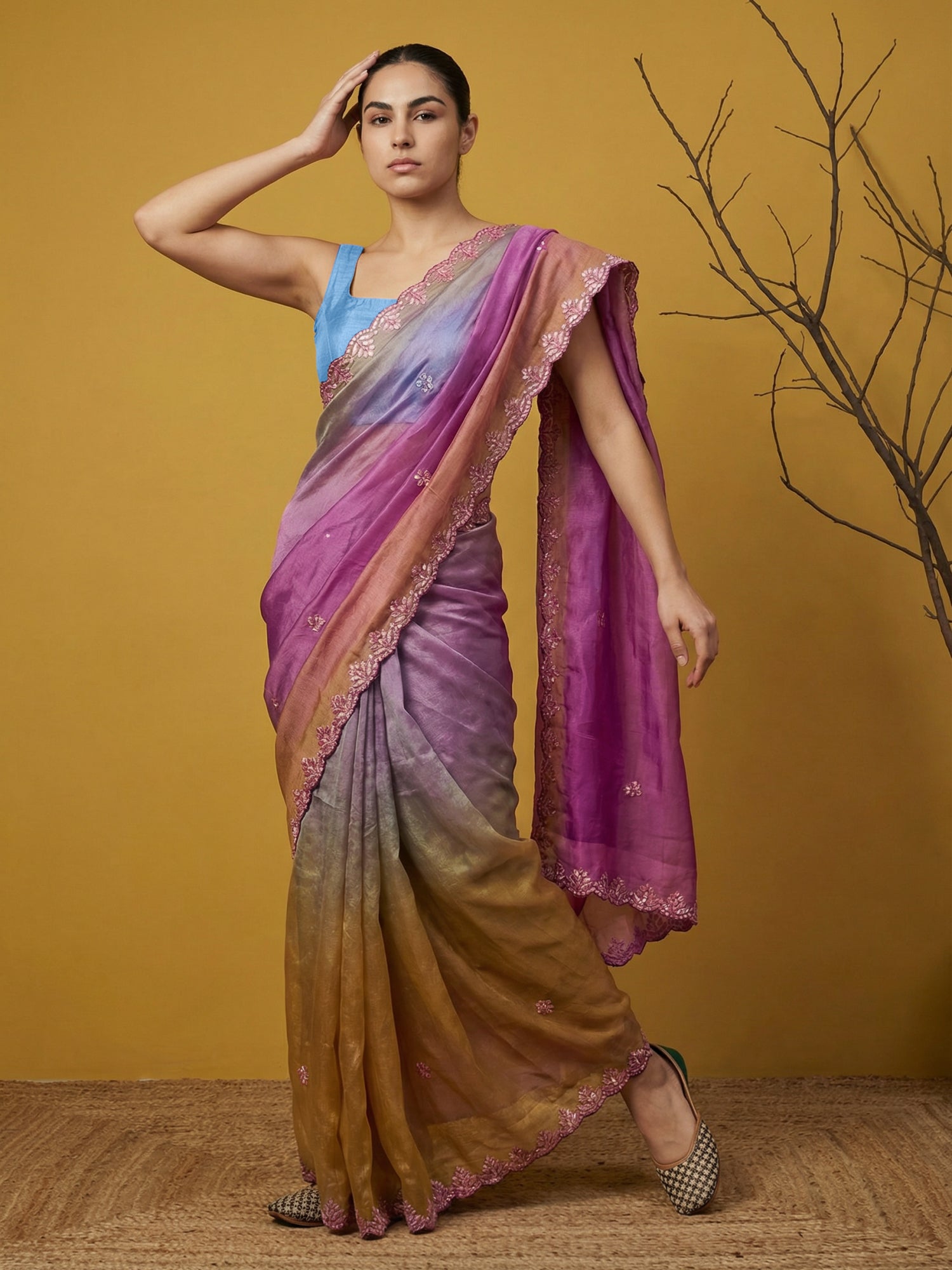 Magenta &amp; Yellow Soft Fendy Satin with Gotapatti Work Padding Saree
