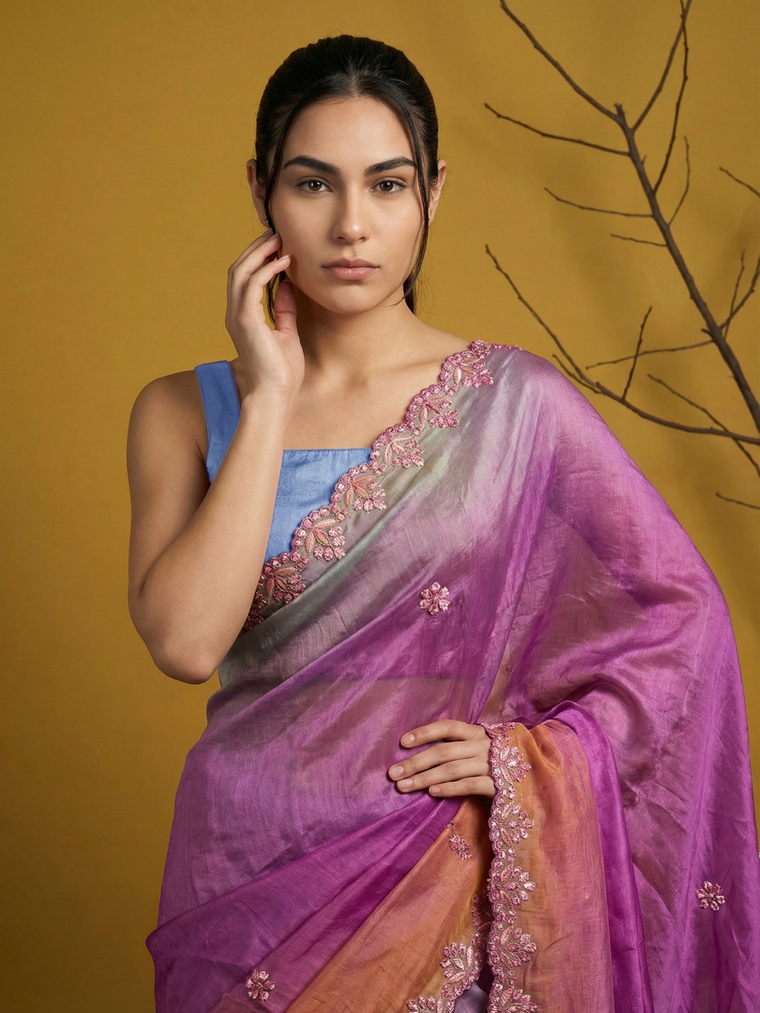 Magenta &amp; Yellow Soft Fendy Satin with Gotapatti Work Padding Saree