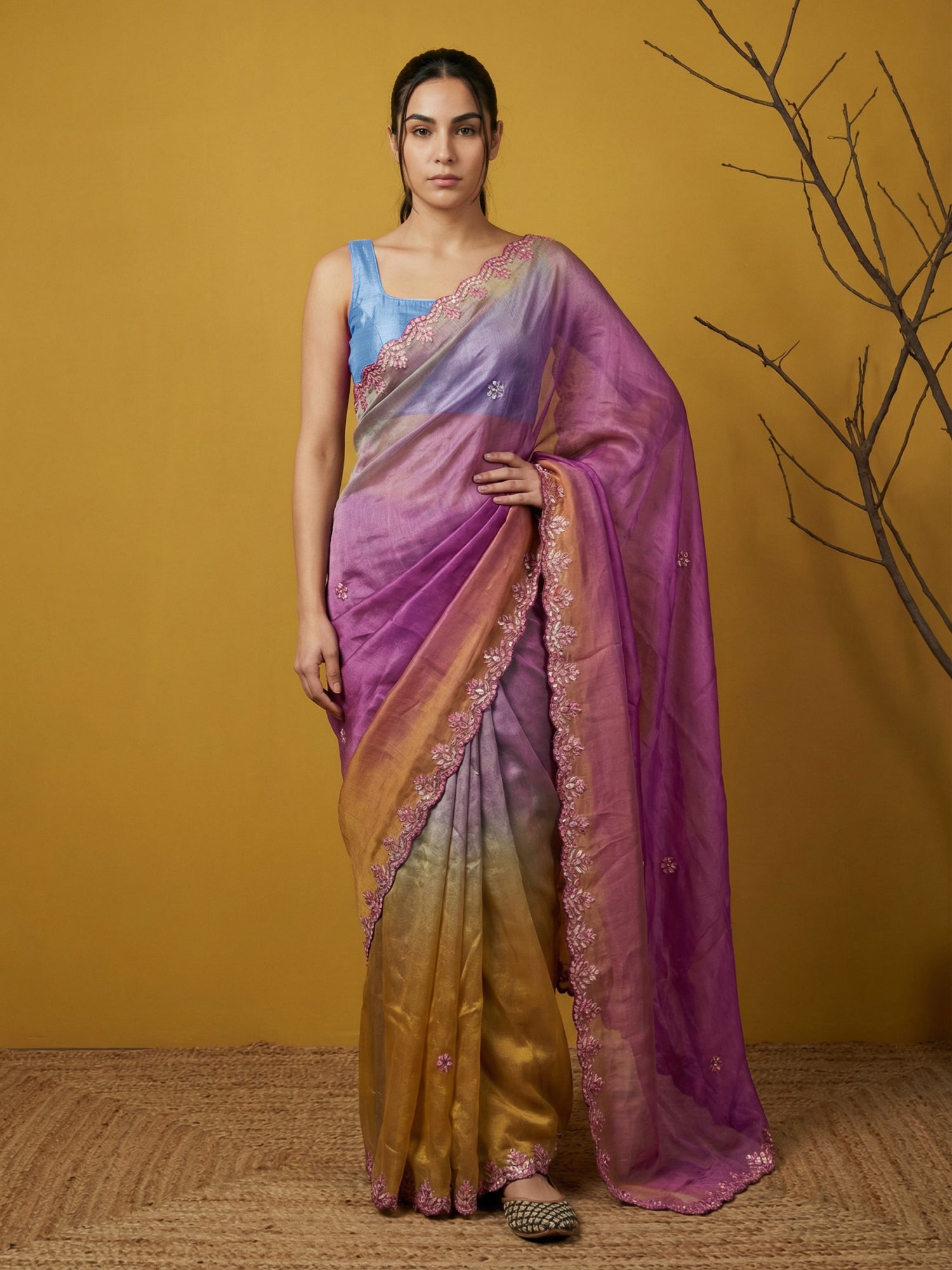 Magenta &amp; Yellow Soft Fendy Satin with Gotapatti Work Padding Saree