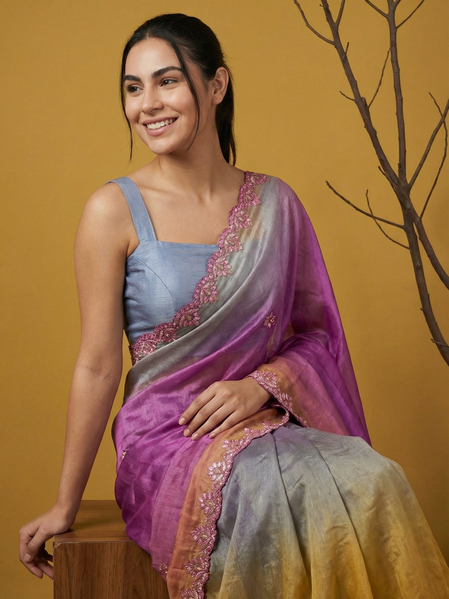 Magenta &amp; Yellow Soft Fendy Satin with Gotapatti Work Padding Saree