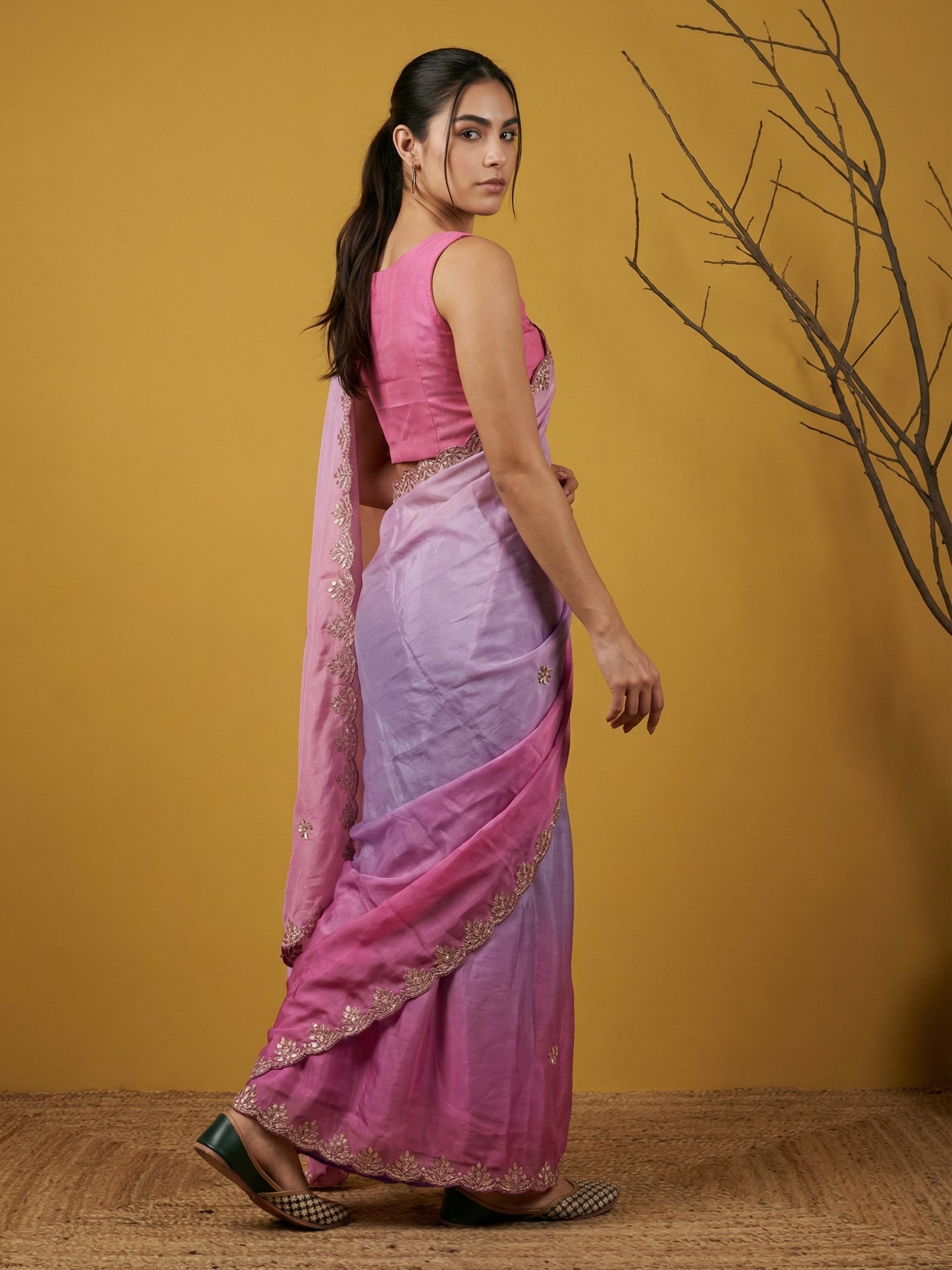Pink &amp; Lavender Soft Fendy Satin with Gotapatti Work Padding Saree
