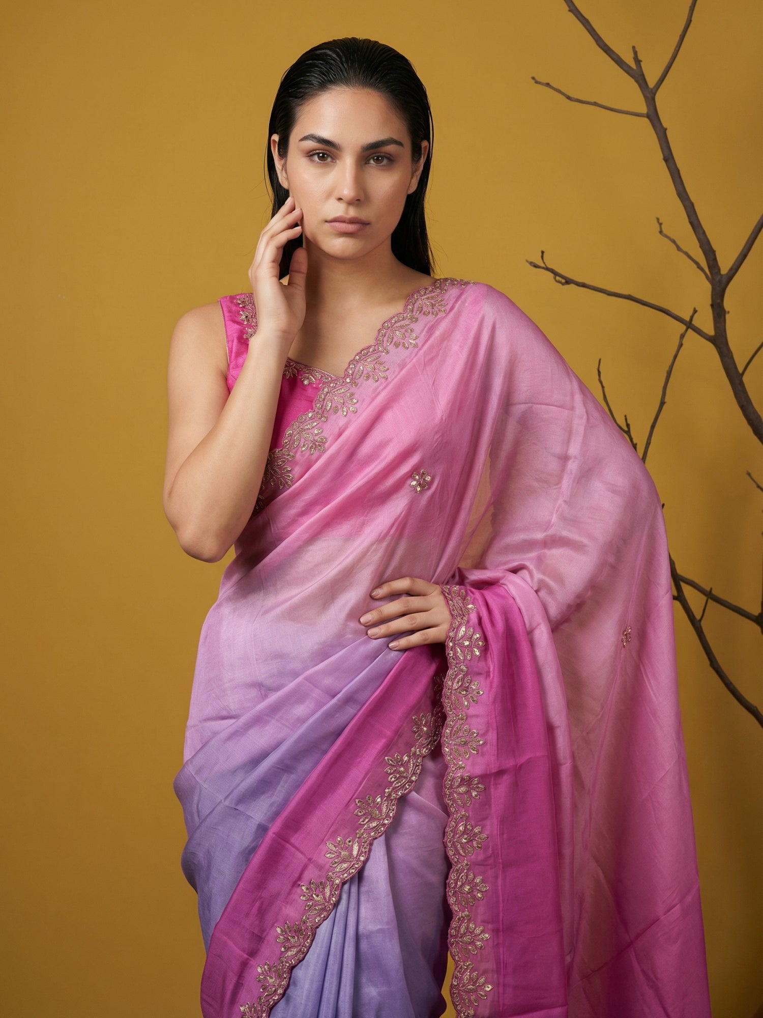 Pink &amp; Lavender Soft Fendy Satin with Gotapatti Work Padding Saree