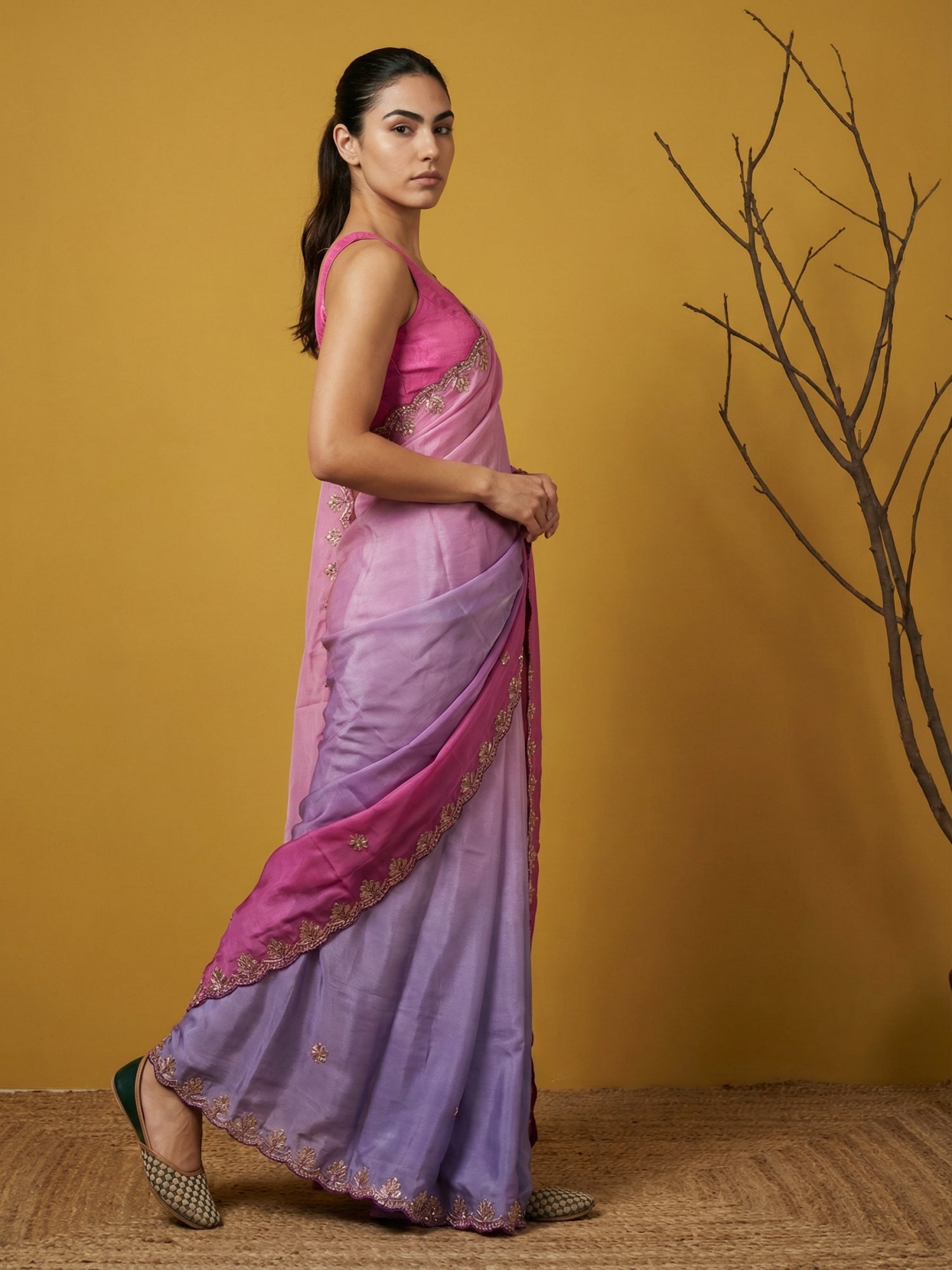Pink &amp; Lavender Soft Fendy Satin with Gotapatti Work Padding Saree