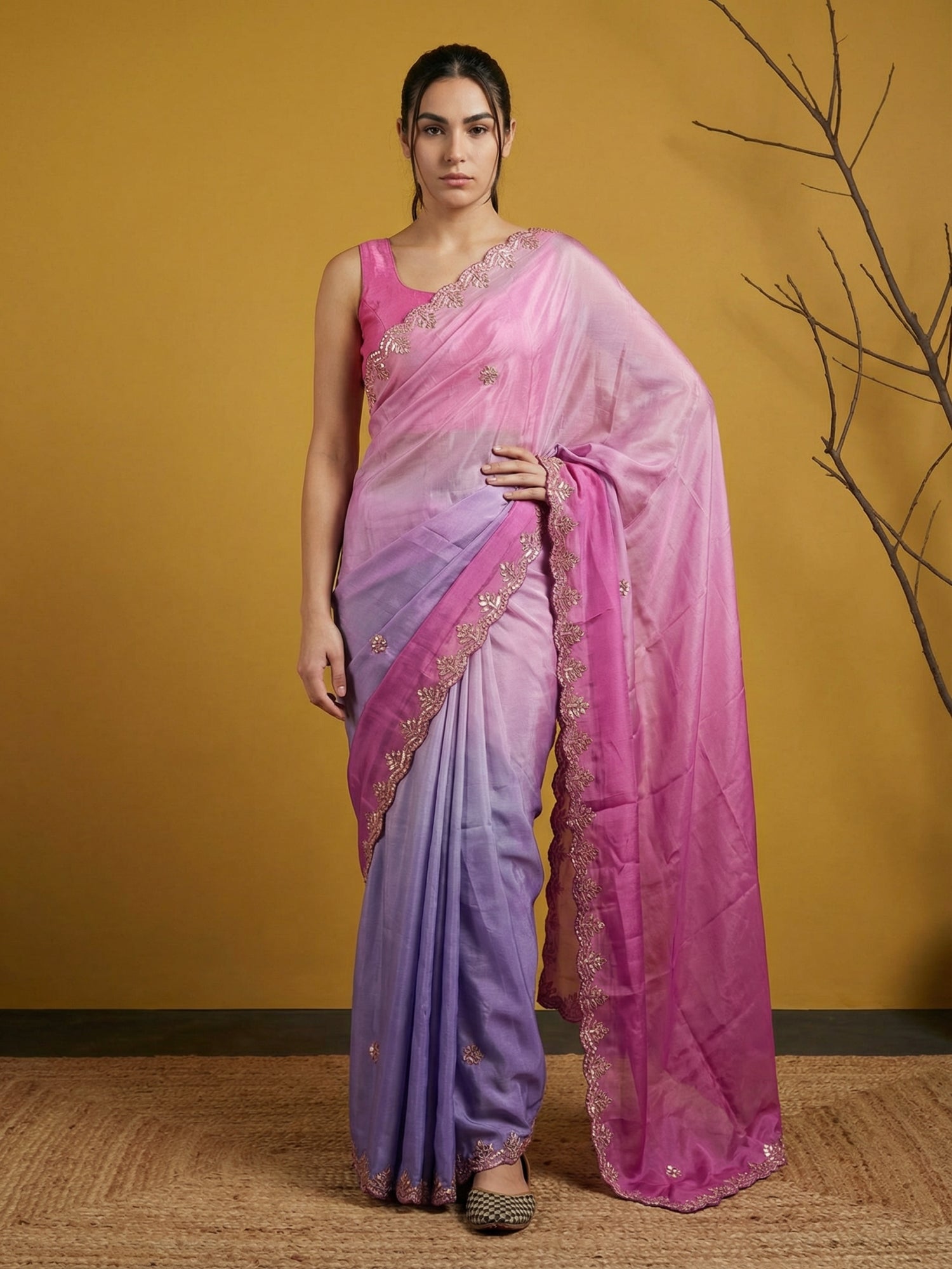 Pink &amp; Lavender Soft Fendy Satin with Gotapatti Work Padding Saree