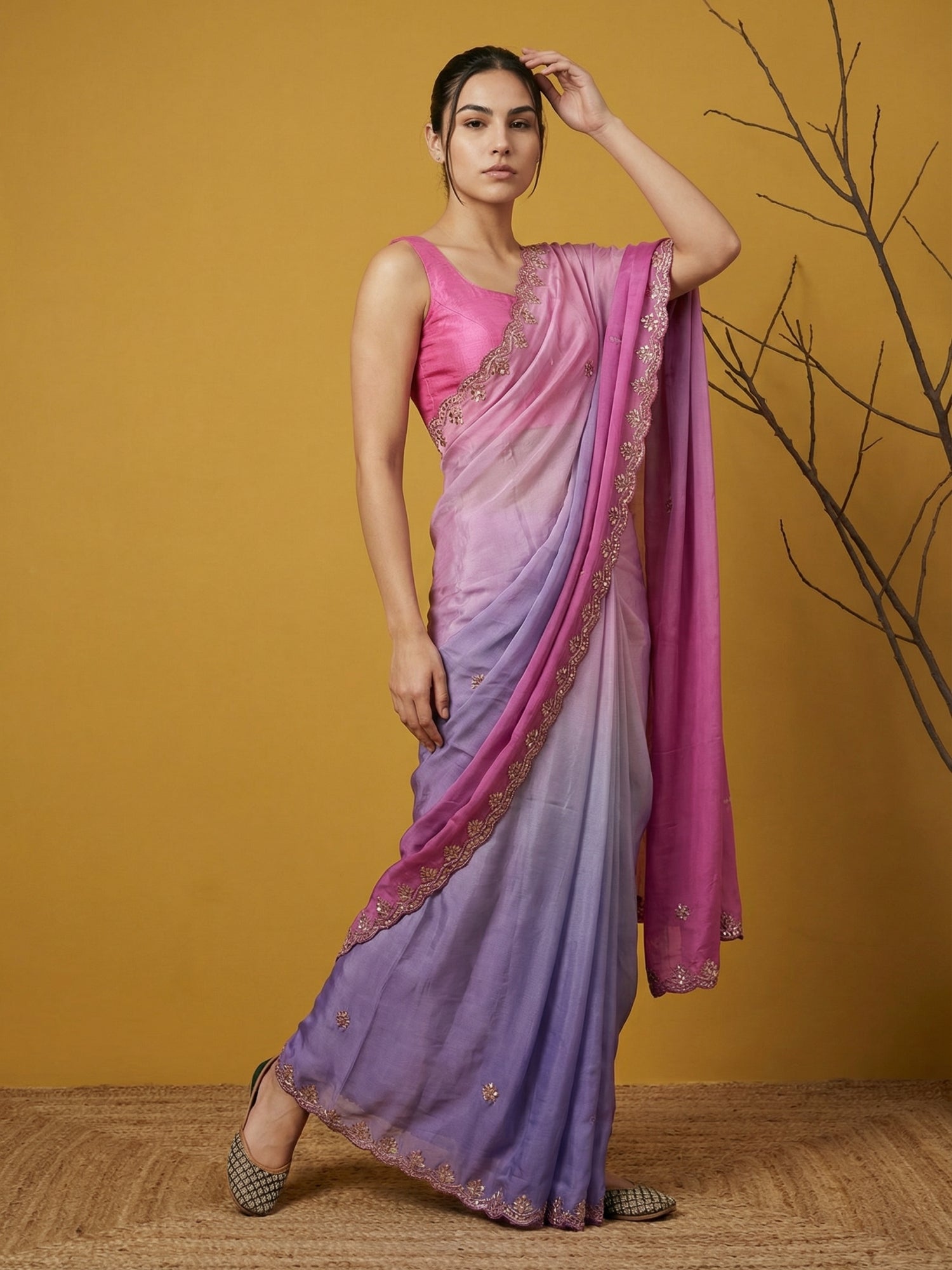 Pink &amp; Lavender Soft Fendy Satin with Gotapatti Work Padding Saree