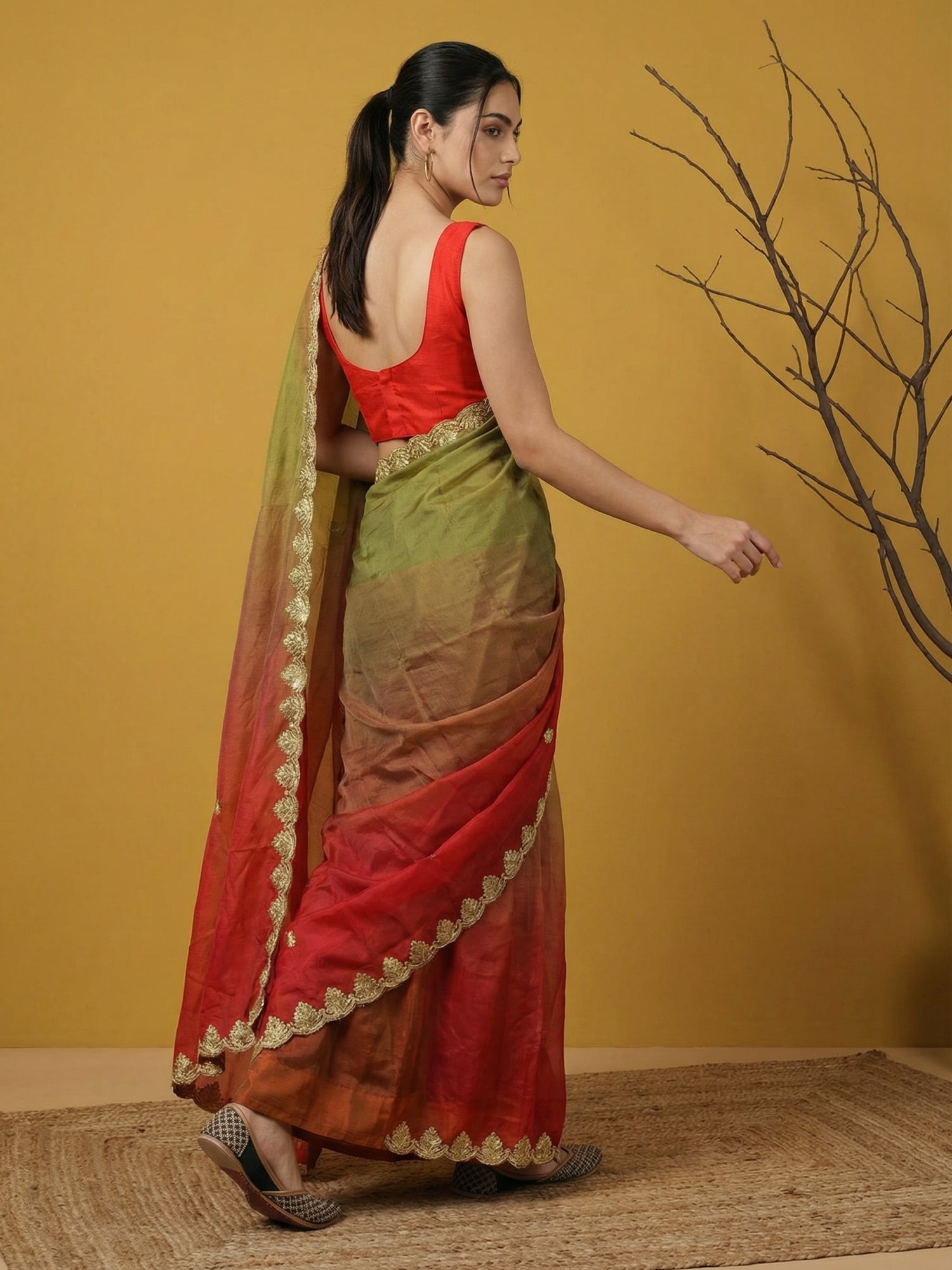 Red &amp; Green Soft Fendy Satin with Gotapatti Work Padding Saree