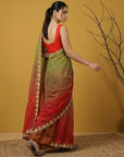 Red & Green Soft Fendy Satin with Gotapatti Work Padding Saree