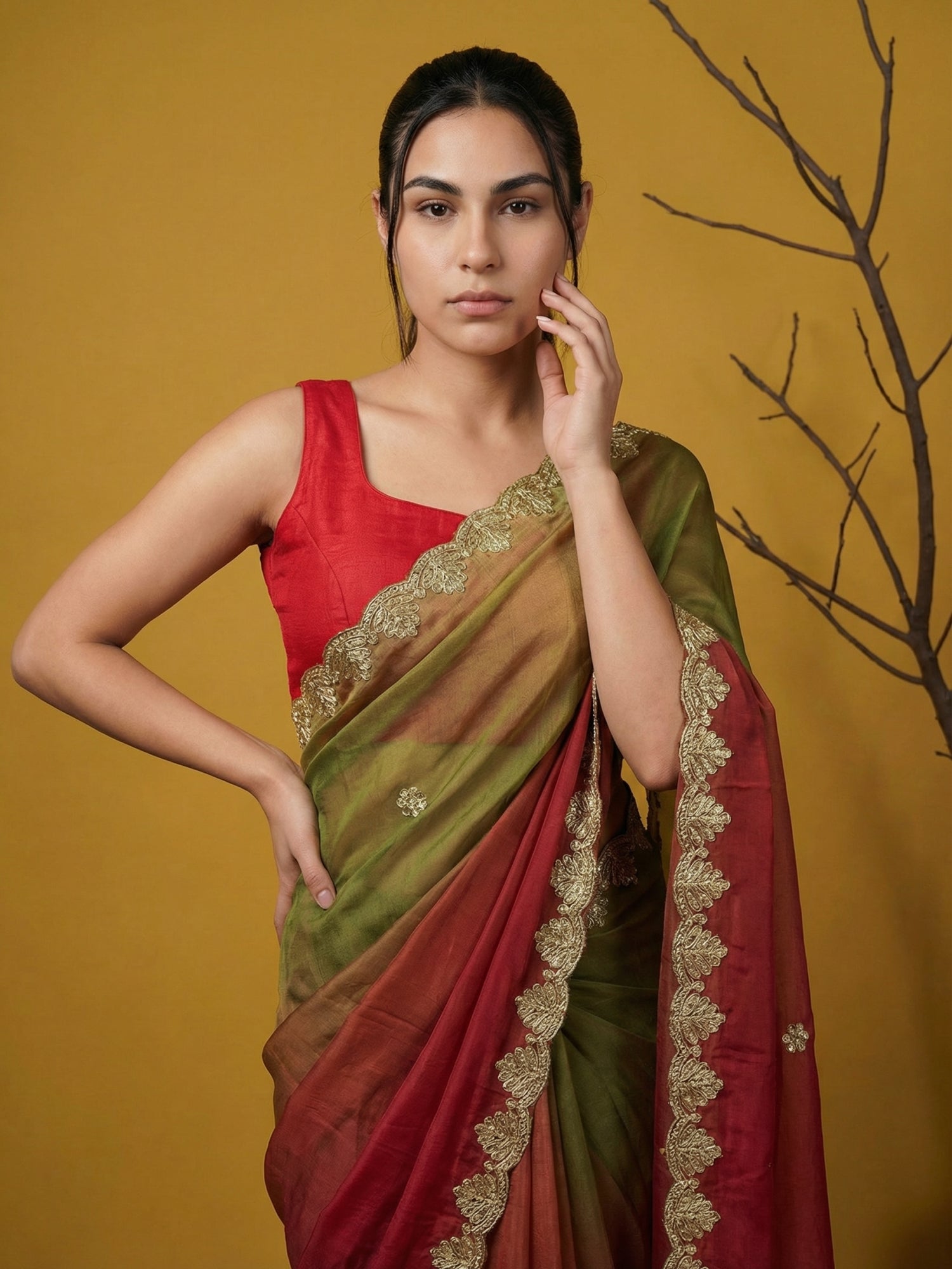 Red &amp; Green Soft Fendy Satin with Gotapatti Work Padding Saree