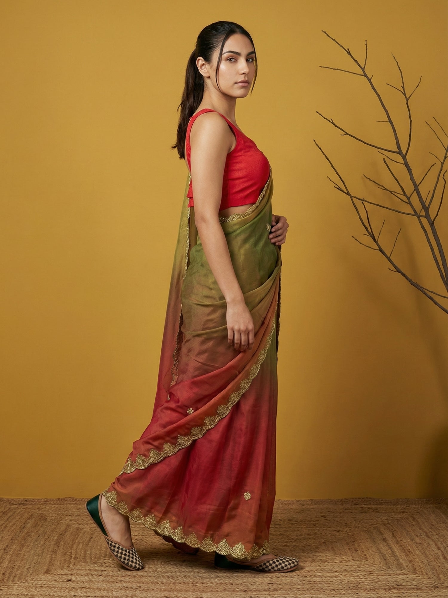 Red &amp; Green Soft Fendy Satin with Gotapatti Work Padding Saree