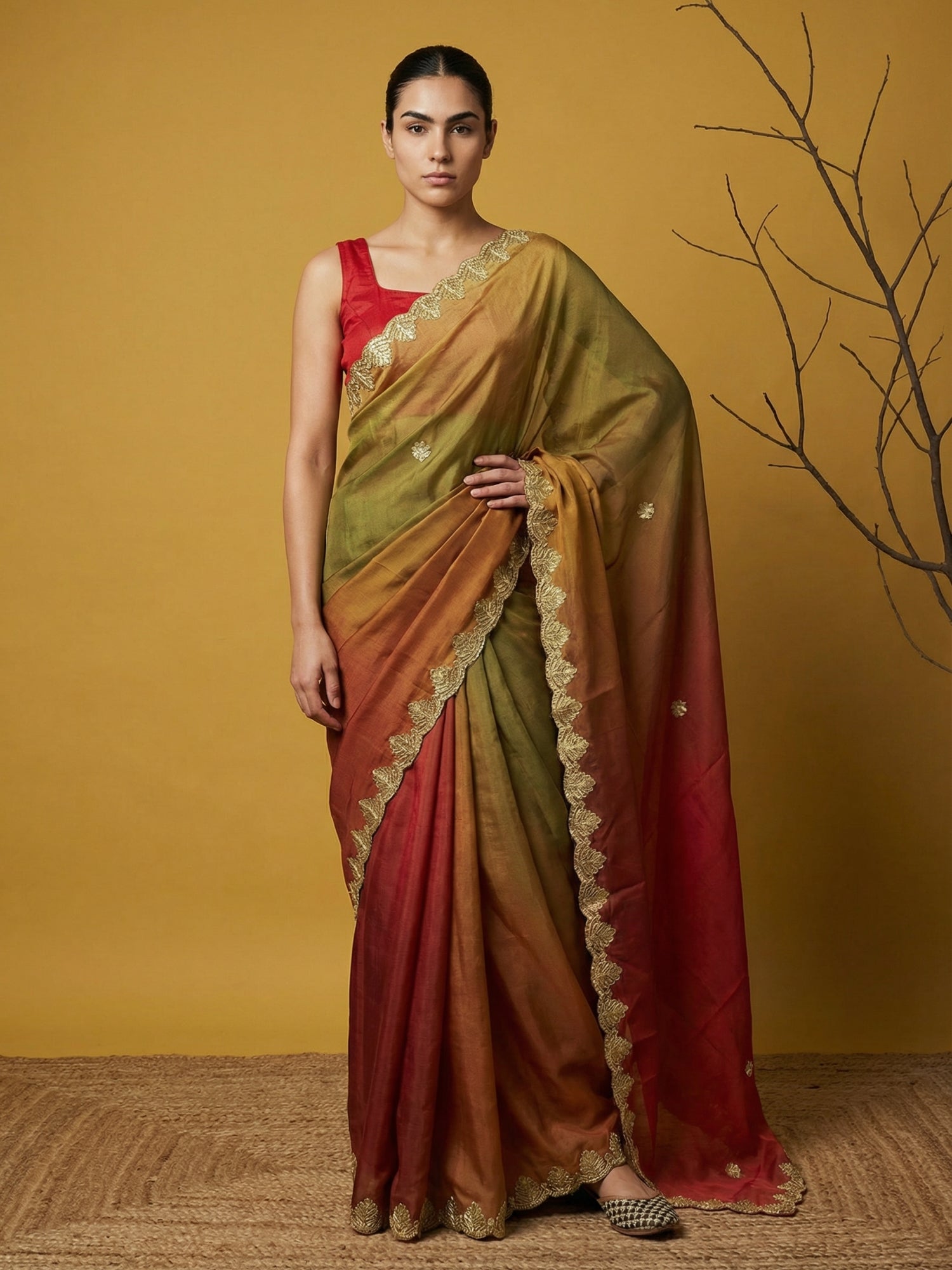 Red &amp; Green Soft Fendy Satin with Gotapatti Work Padding Saree