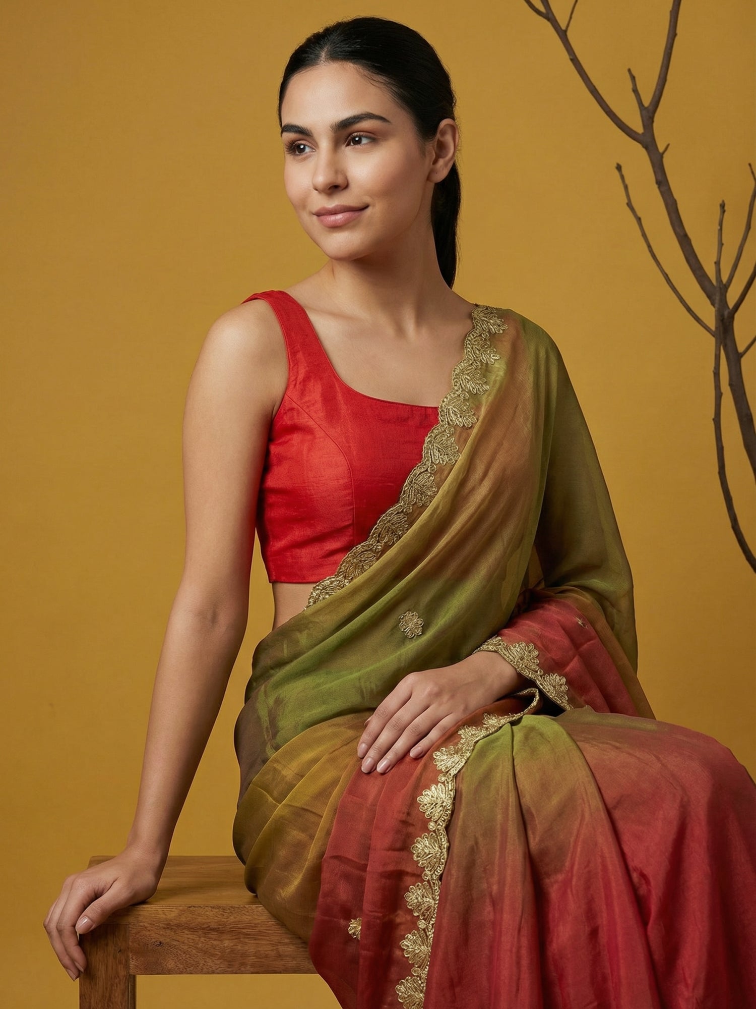 Red &amp; Green Soft Fendy Satin with Gotapatti Work Padding Saree