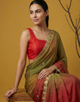 Red & Green Soft Fendy Satin with Gotapatti Work Padding Saree