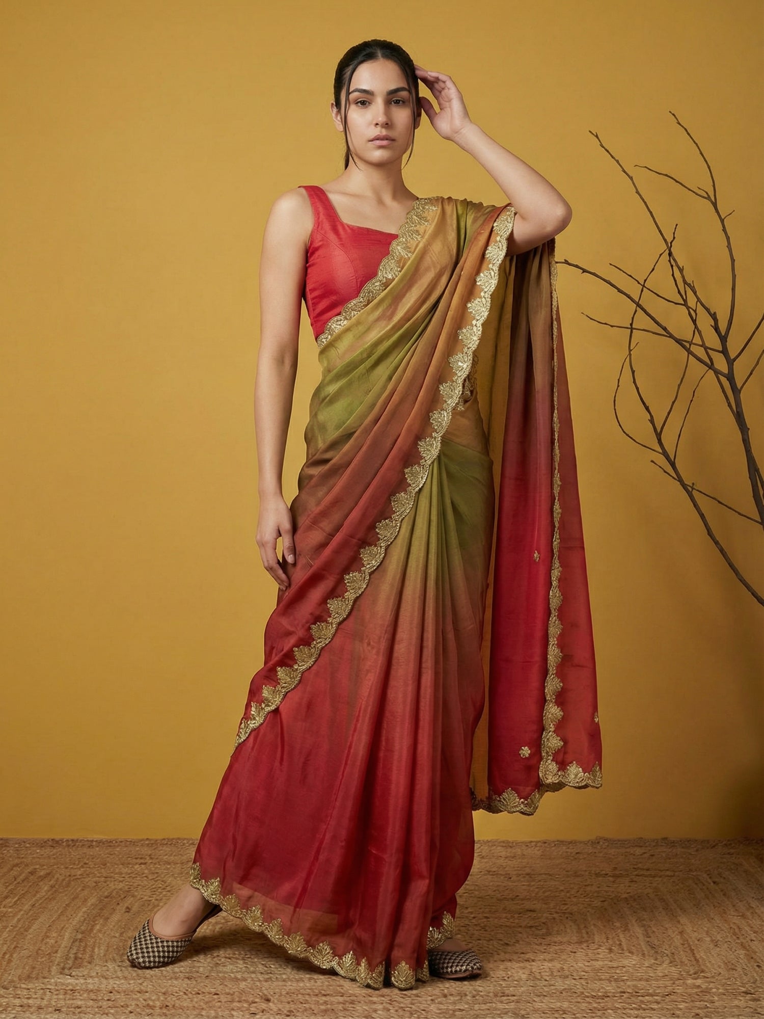 Red &amp; Green Soft Fendy Satin with Gotapatti Work Padding Saree
