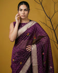 Wine Organza Silk Jamdani Pattern Zari Woven Saree