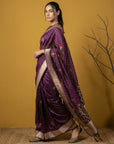 Wine Organza Silk Jamdani Pattern Zari Woven Saree