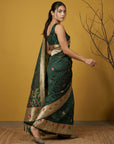 Bottle Green Organza Silk Jamdani Pattern Zari Woven Saree