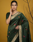 Bottle Green Organza Silk Jamdani Pattern Zari Woven Saree