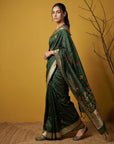 Bottle Green Organza Silk Jamdani Pattern Zari Woven Saree