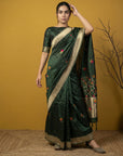 Bottle Green Organza Silk Jamdani Pattern Zari Woven Saree