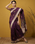Wine Organza Silk Jamdani Pattern Zari Woven Saree