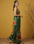 Bottle Green Soft Fendy Satin with Handwork Embroidery Saree