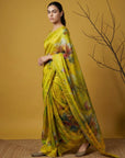 Parrot Green Soft Fendy Satin with Handwork Embroidery Saree