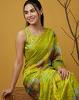 Parrot Green Soft Fendy Satin with Handwork Embroidery Saree