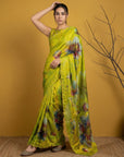Parrot Green Soft Fendy Satin with Handwork Embroidery Saree