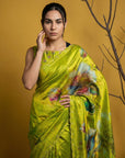 Parrot Green Soft Fendy Satin with Handwork Embroidery Saree