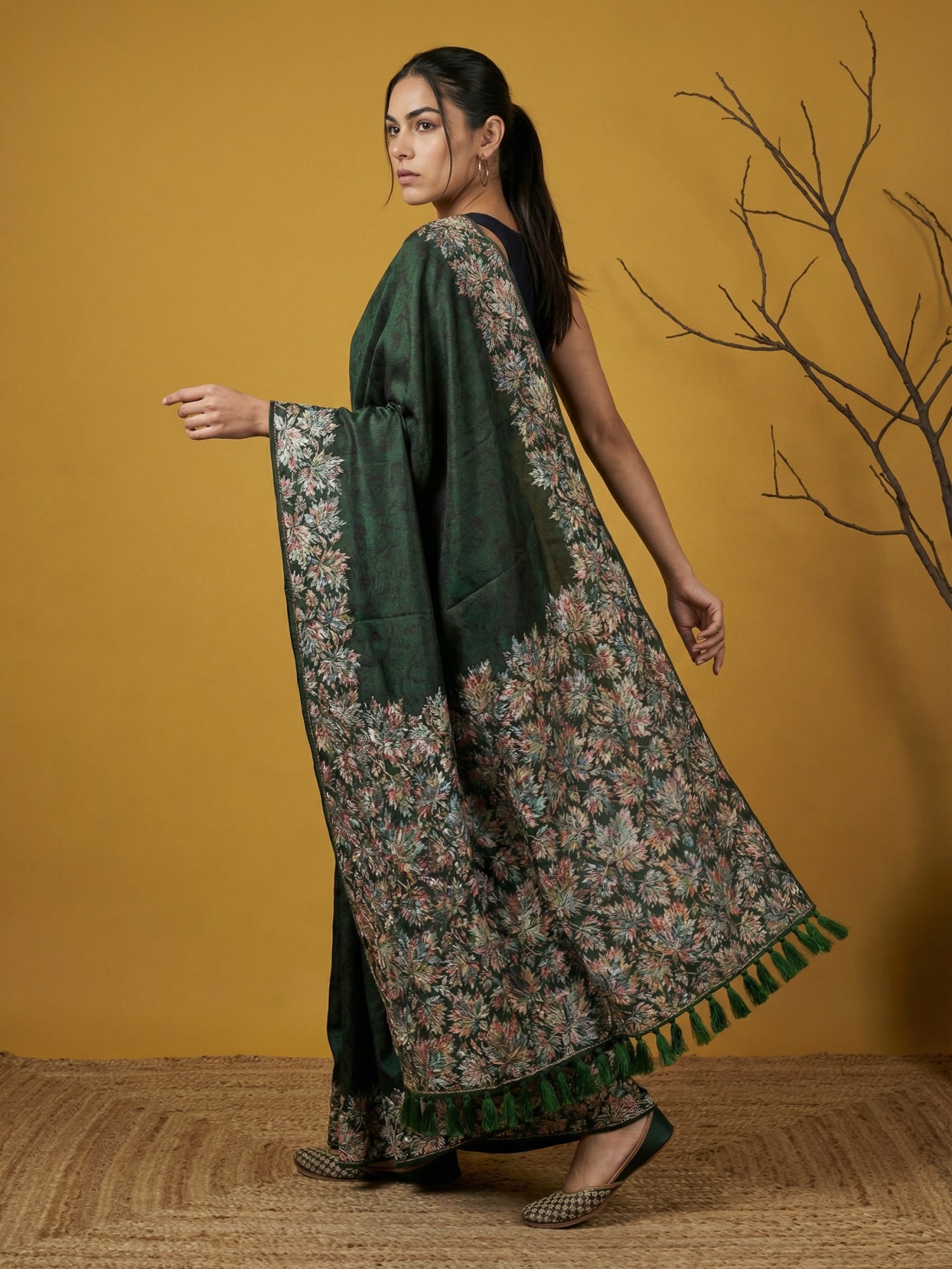 Bottle Green Soft Tropical Floral Printed Silk Saree