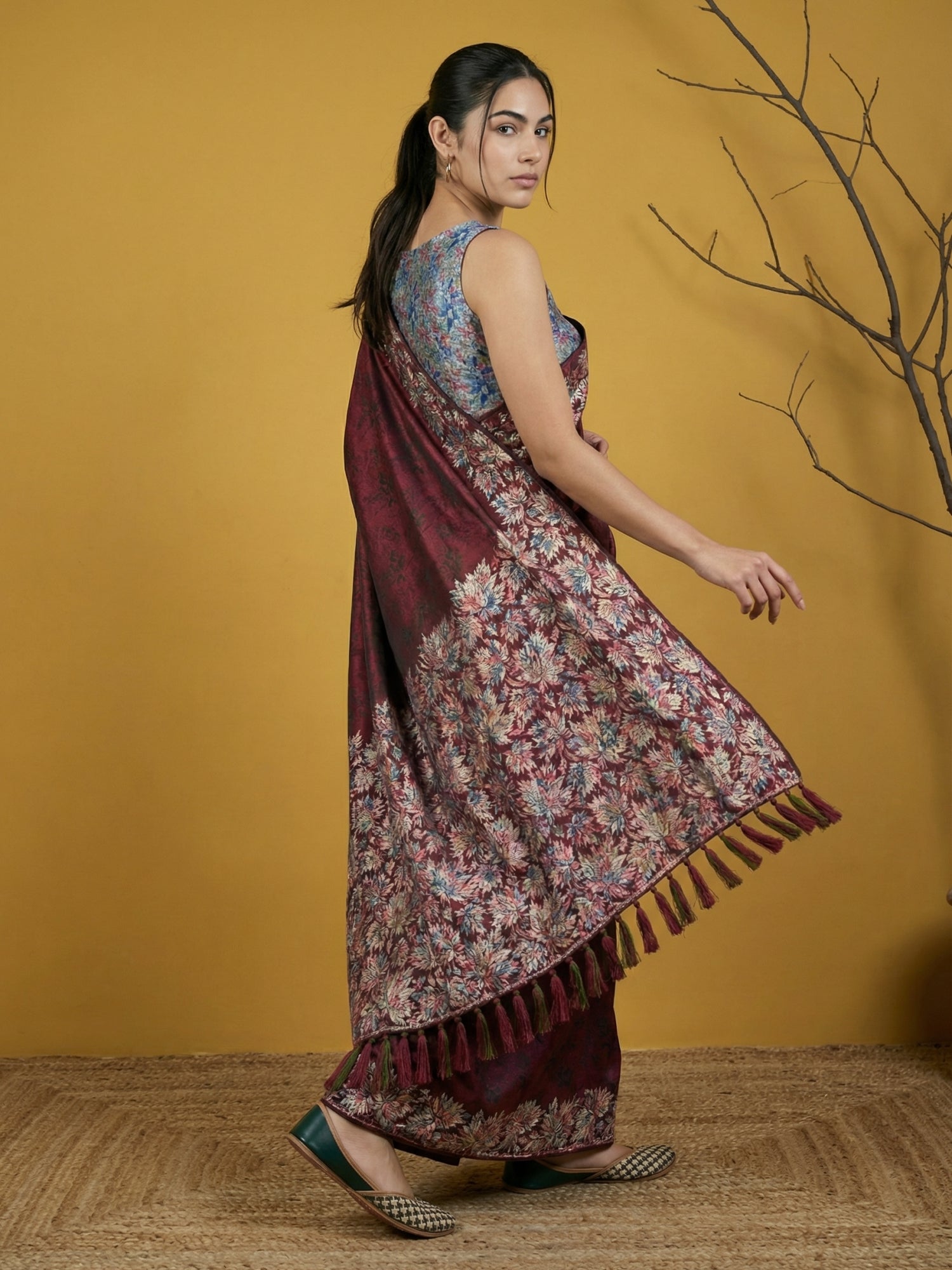 Maroon Soft Tropical Floral Printed Silk Saree