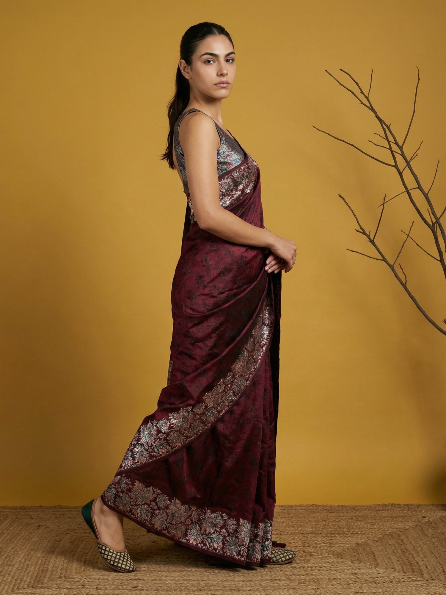 Maroon Soft Tropical Floral Printed Silk Saree