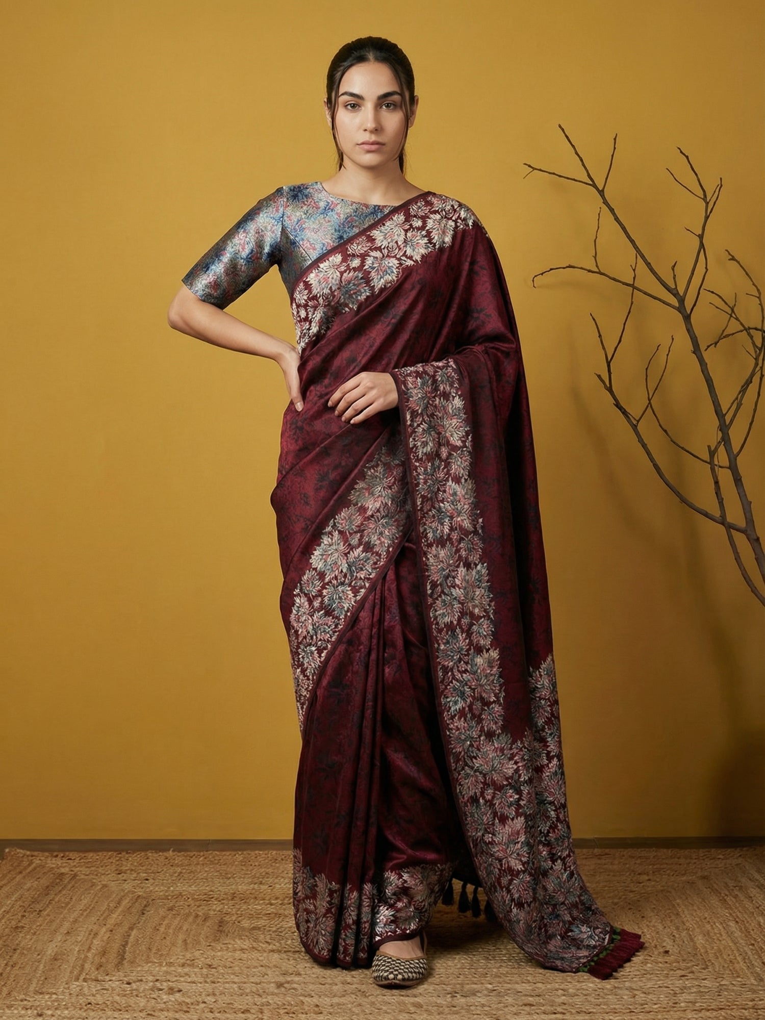 Maroon Soft Tropical Floral Printed Silk Saree
