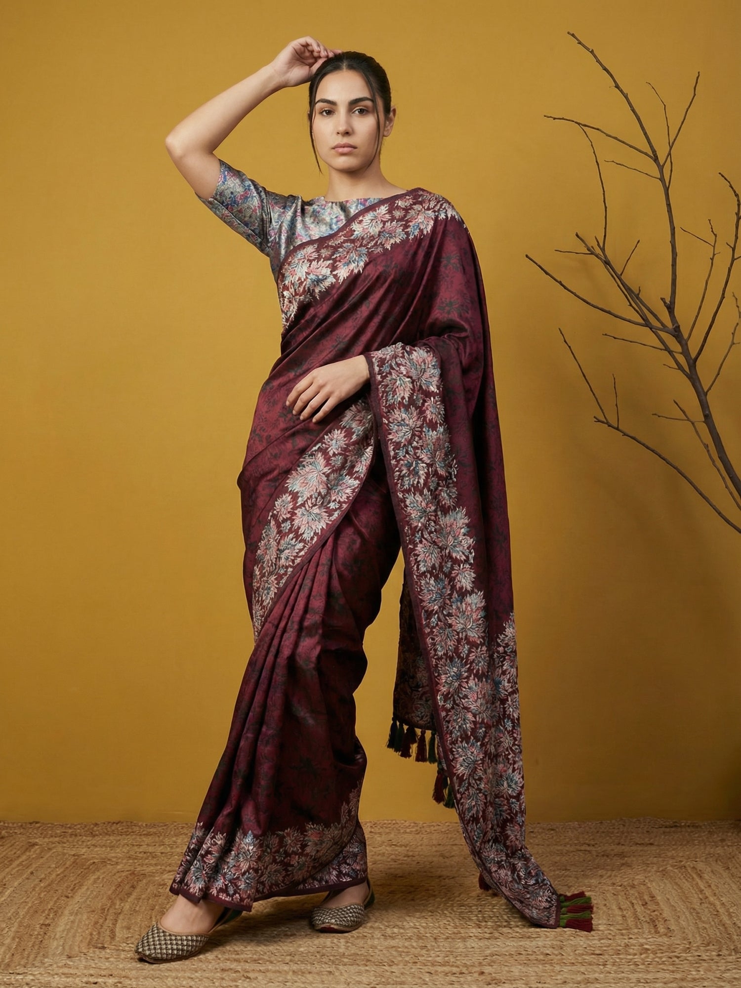 Maroon Soft Tropical Floral Printed Silk Saree