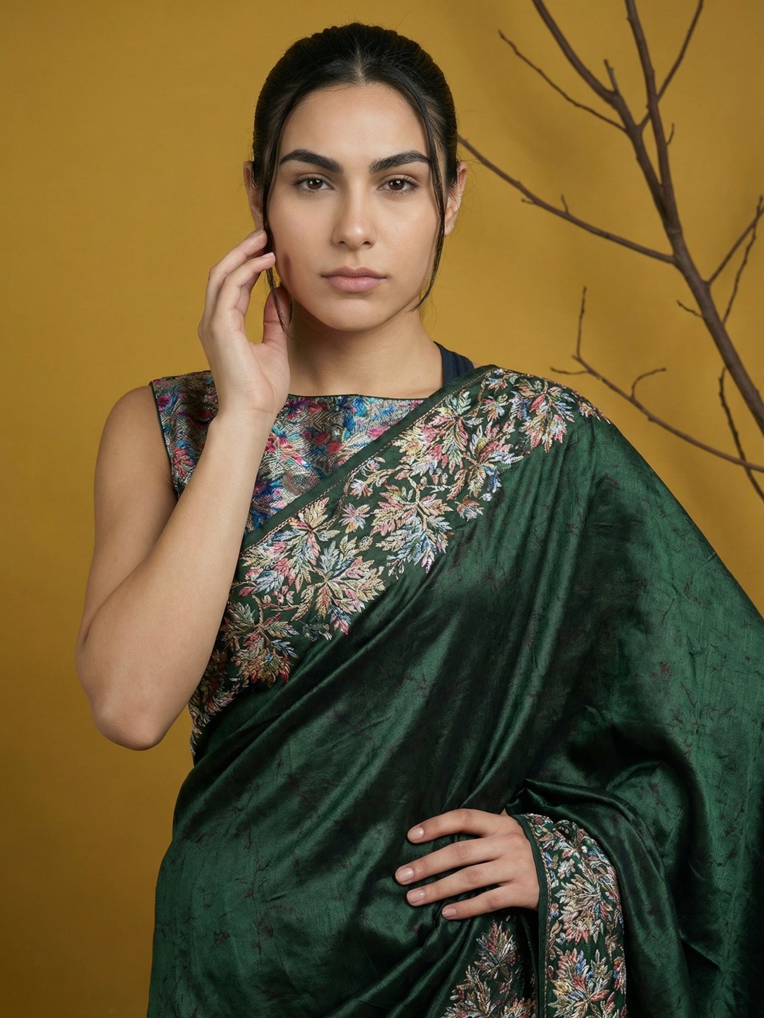 Bottle Green Soft Tropical Floral Printed Silk Saree