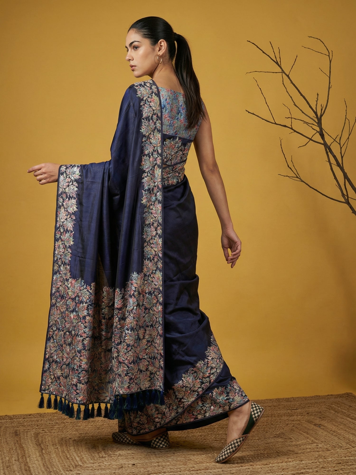 Navy Blue Soft Tropical Floral Printed Silk Saree