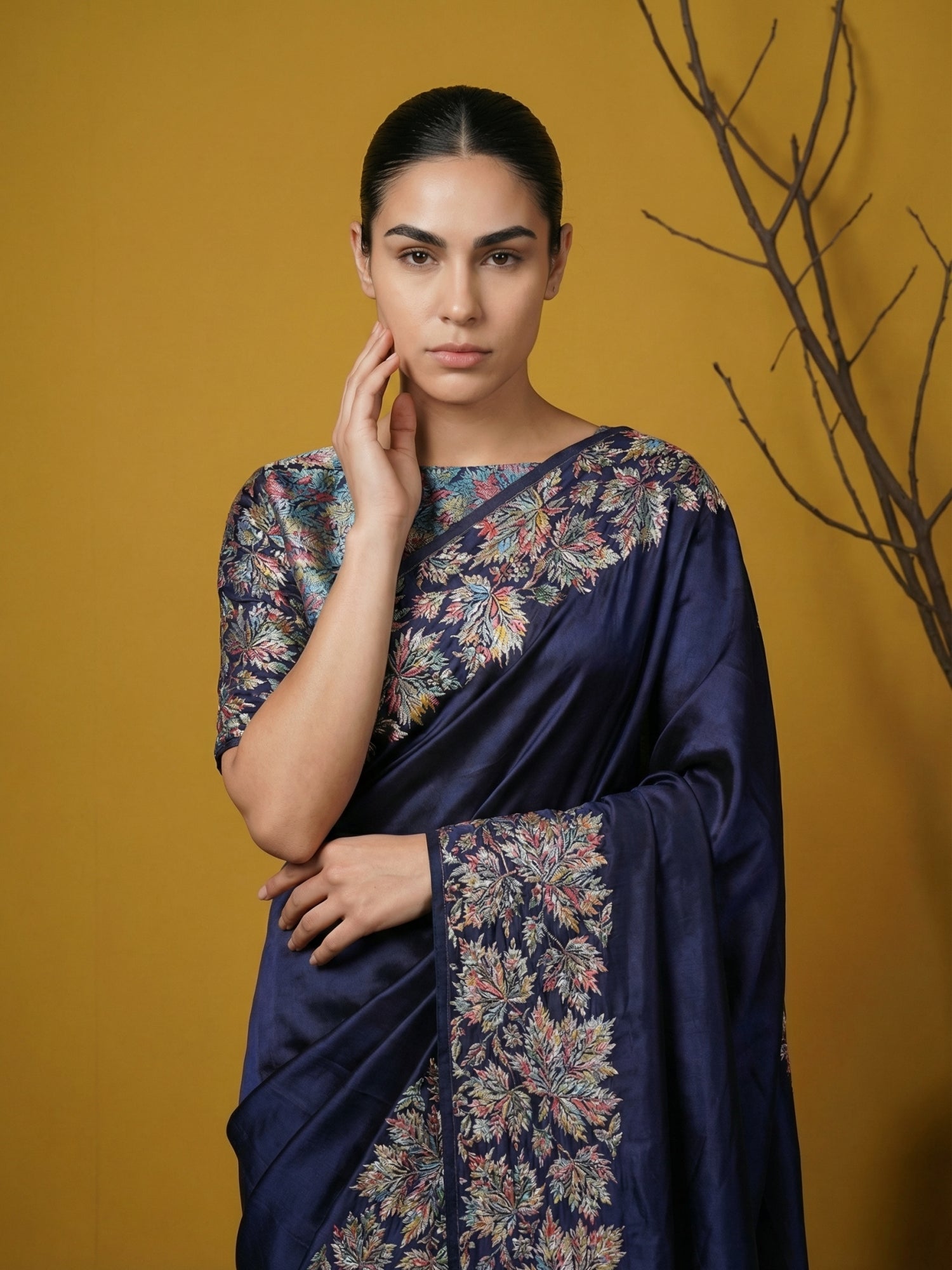 Navy Blue Soft Tropical Floral Printed Silk Saree