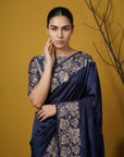 Navy Blue Soft Tropical Floral Printed Silk Saree
