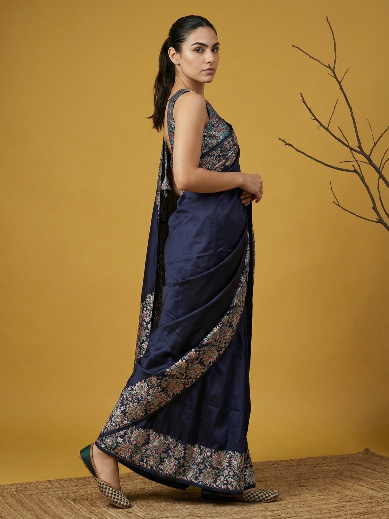 Navy Blue Soft Tropical Floral Printed Silk Saree