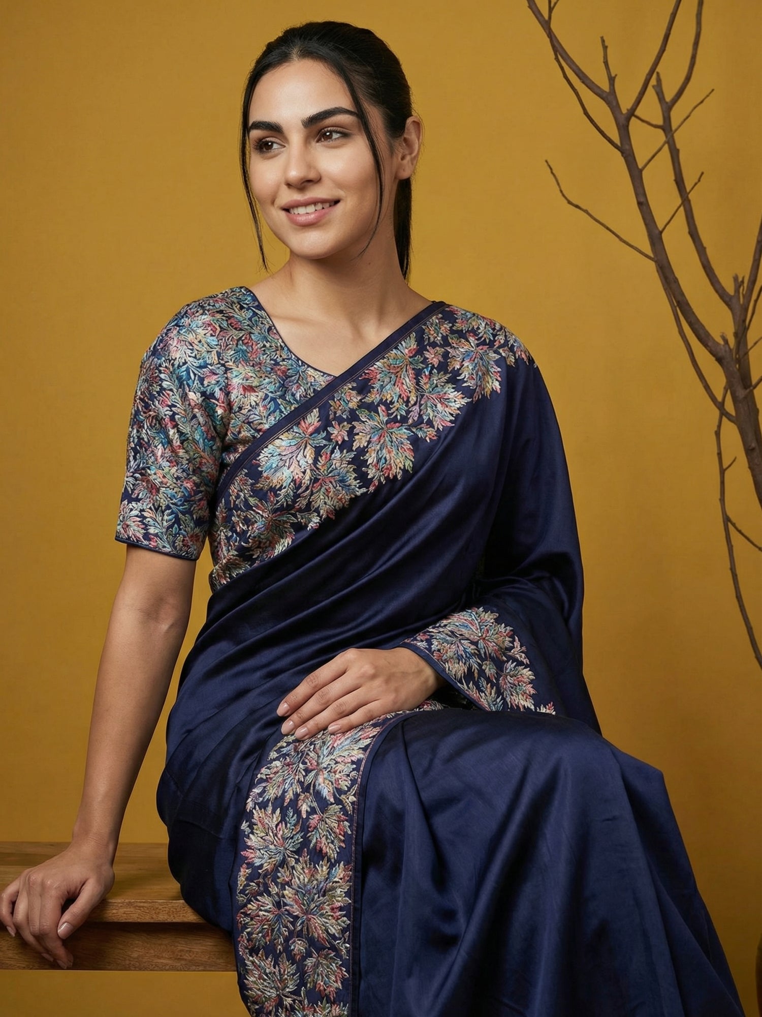 Navy Blue Soft Tropical Floral Printed Silk Saree
