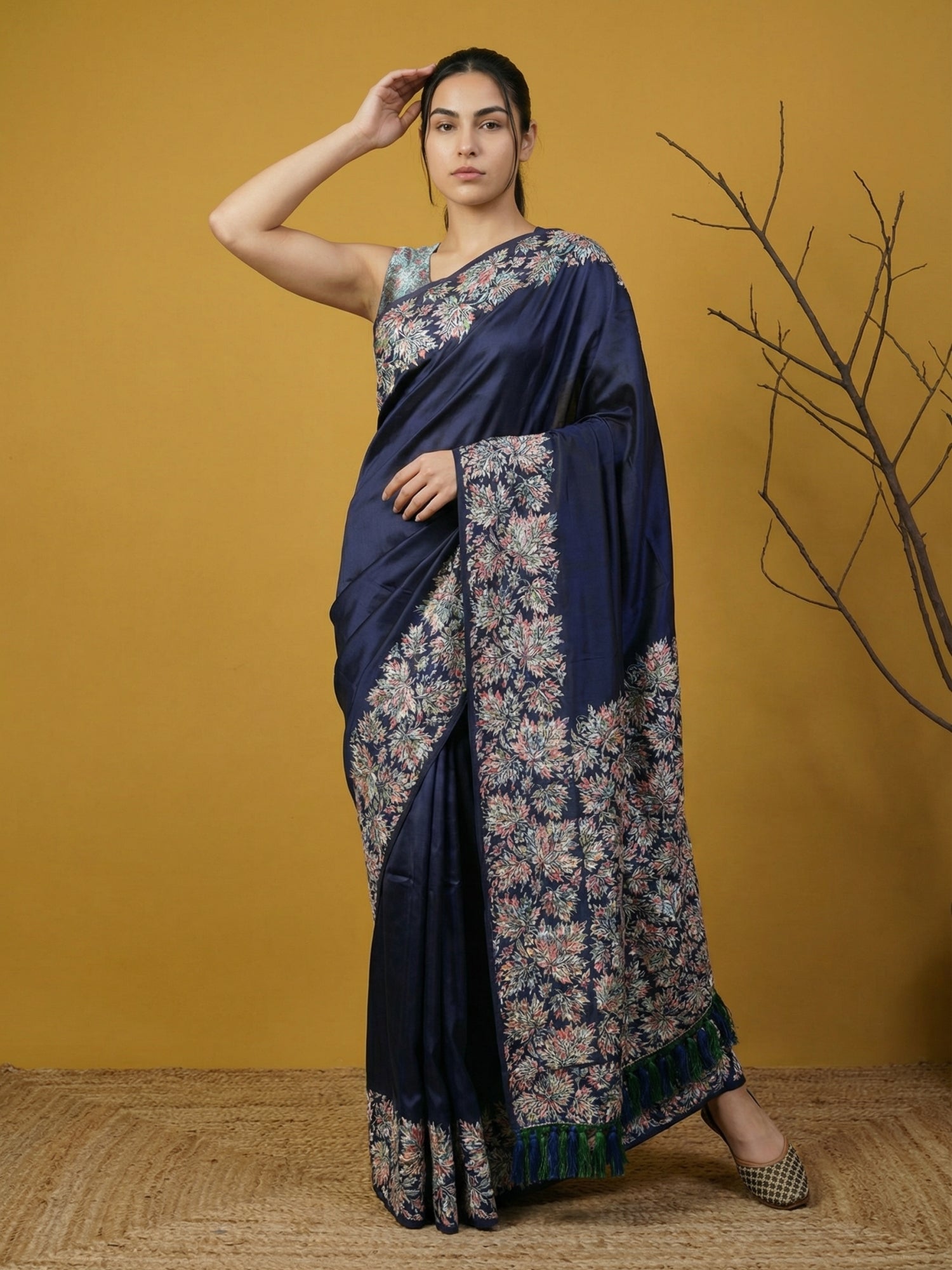 Navy Blue Soft Tropical Floral Printed Silk Saree