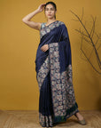 Navy Blue Soft Tropical Floral Printed Silk Saree