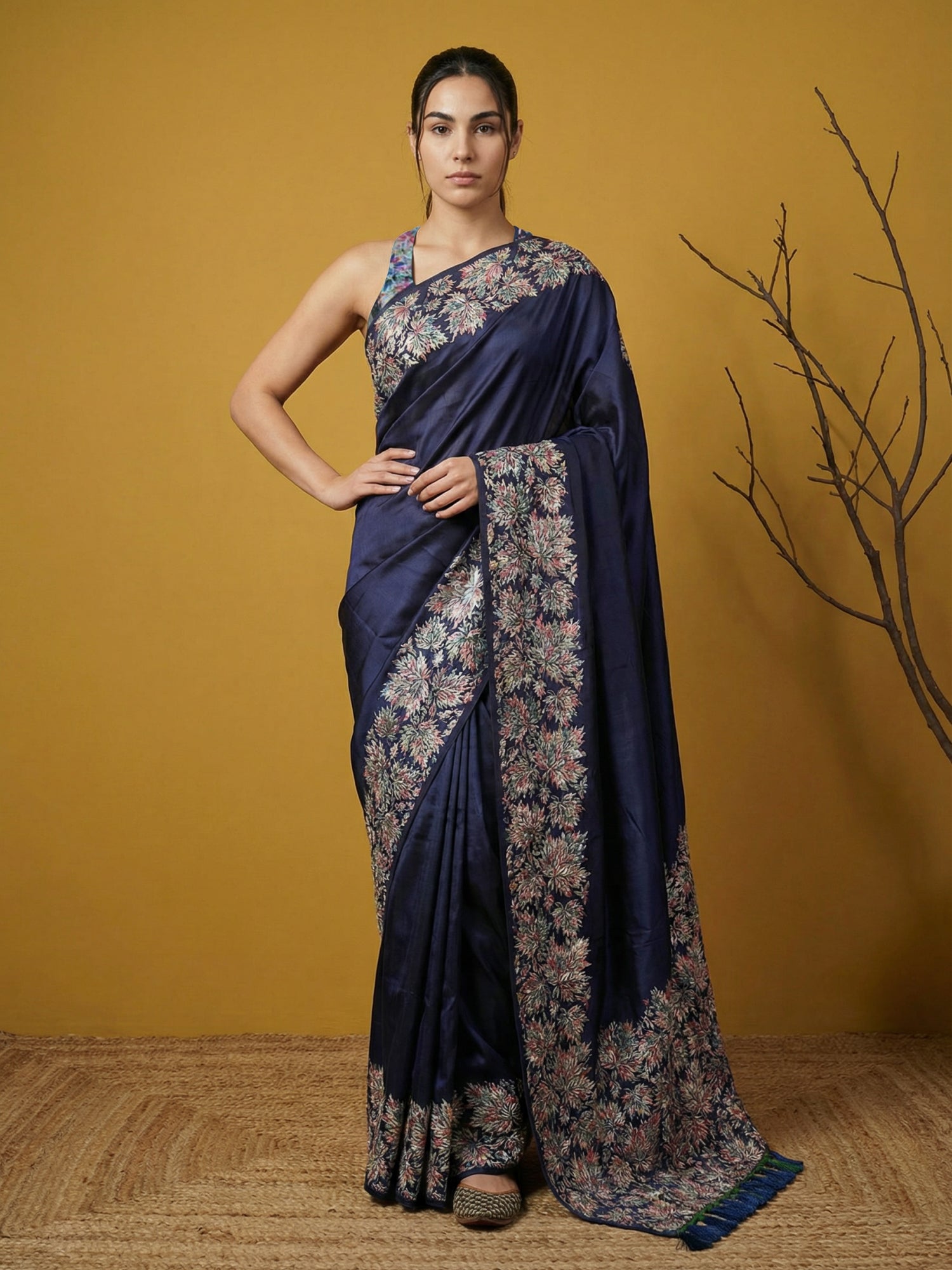 Navy Blue Soft Tropical Floral Printed Silk Saree