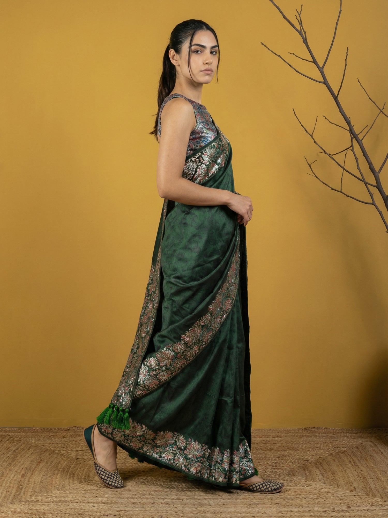 Bottle Green Soft Tropical Floral Printed Silk Saree