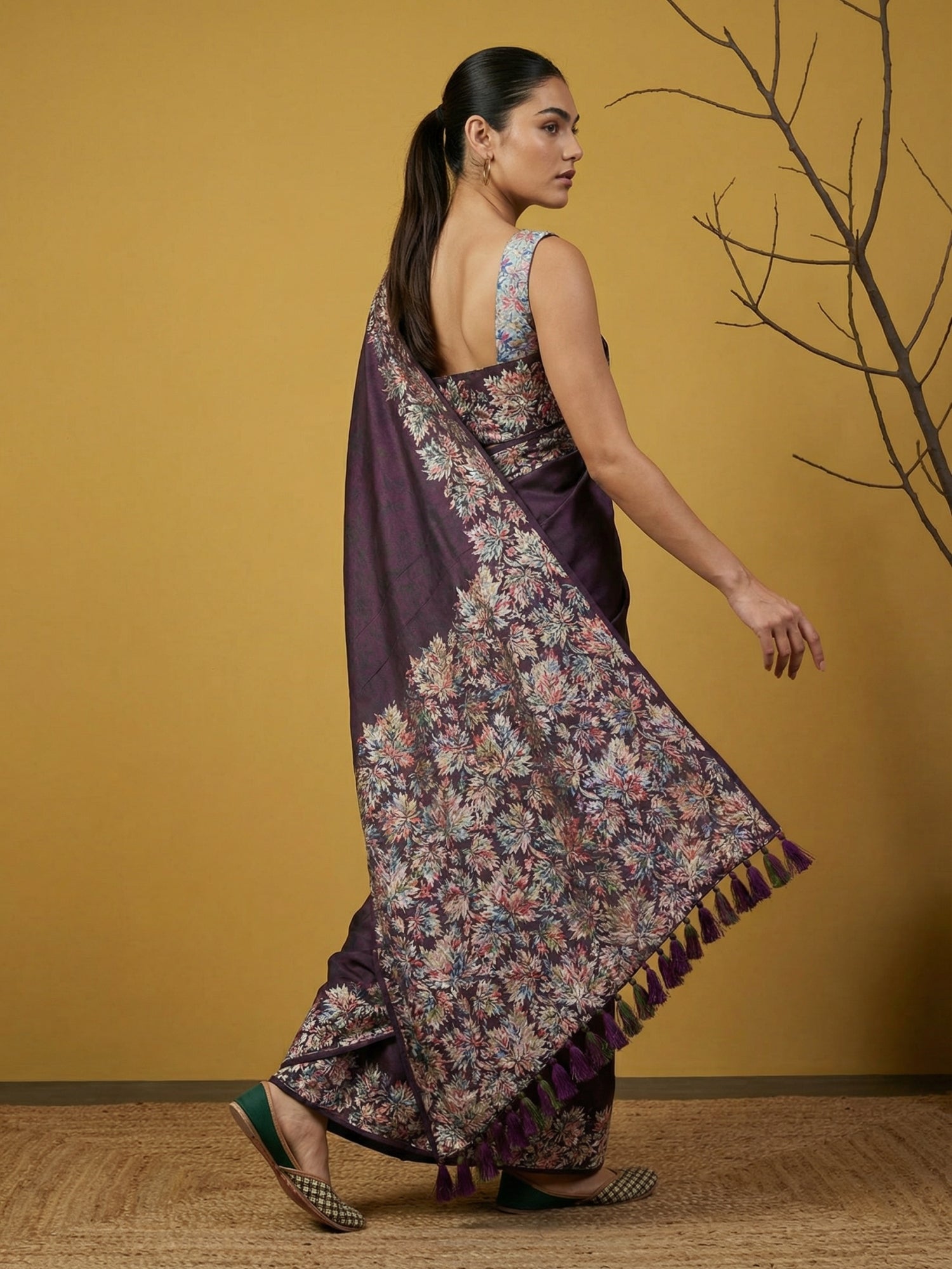 Wine Soft Tropical Floral Printed Silk Saree