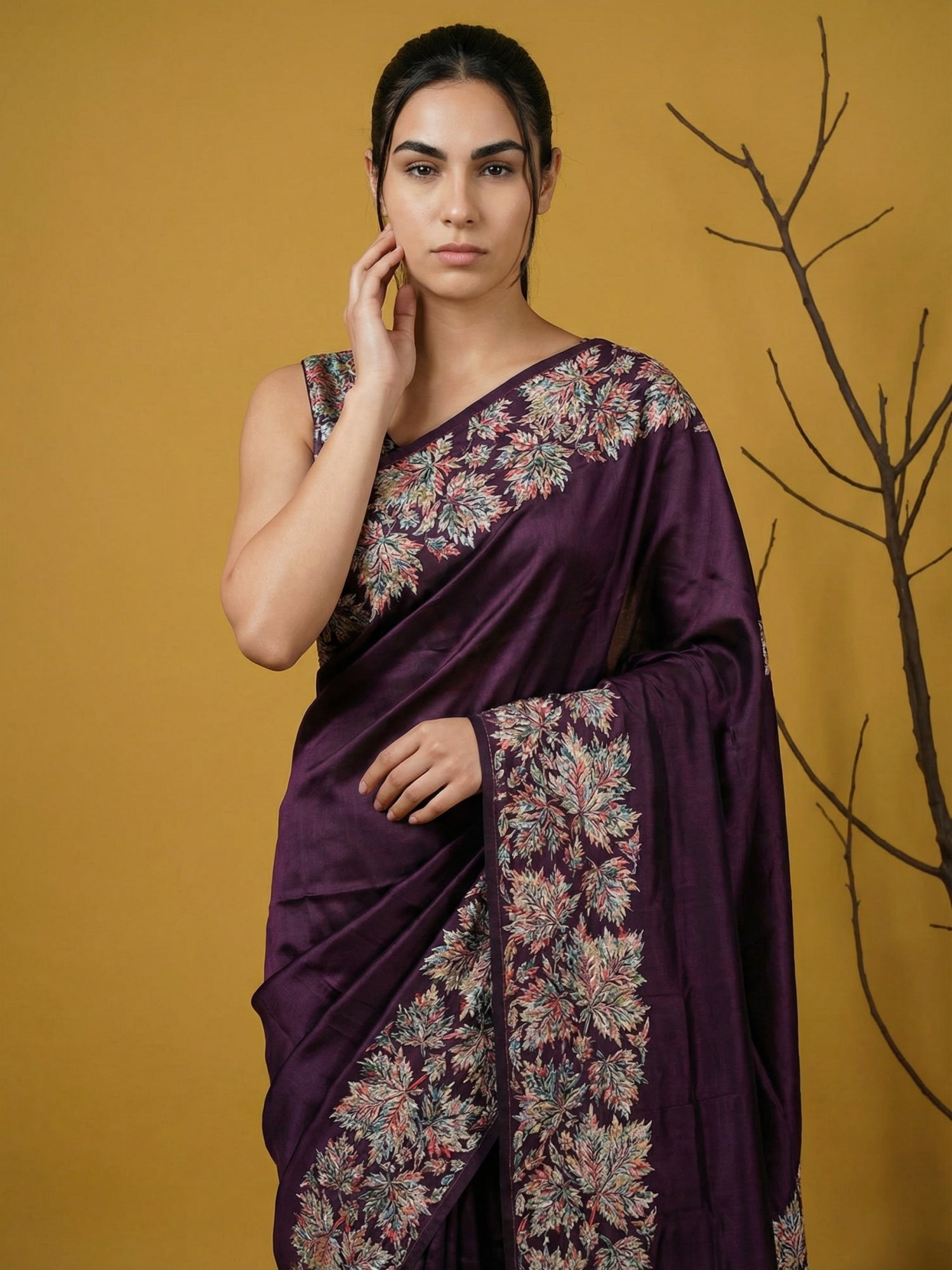 Wine Soft Tropical Floral Printed Silk Saree